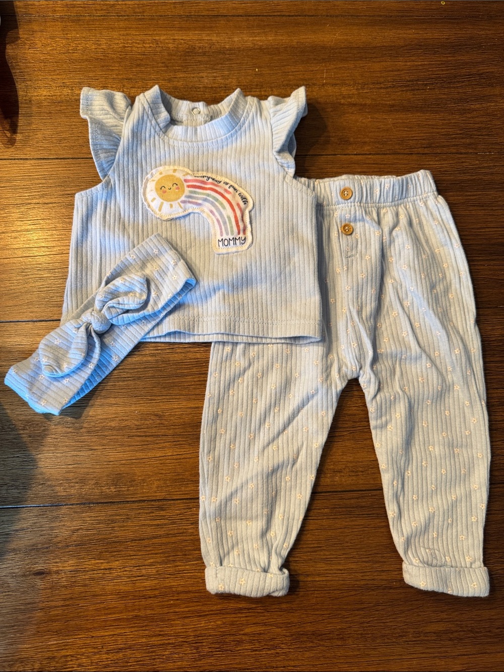 Quiltex Light Blue Ribbed Baby Set with Tiny White Star Dots